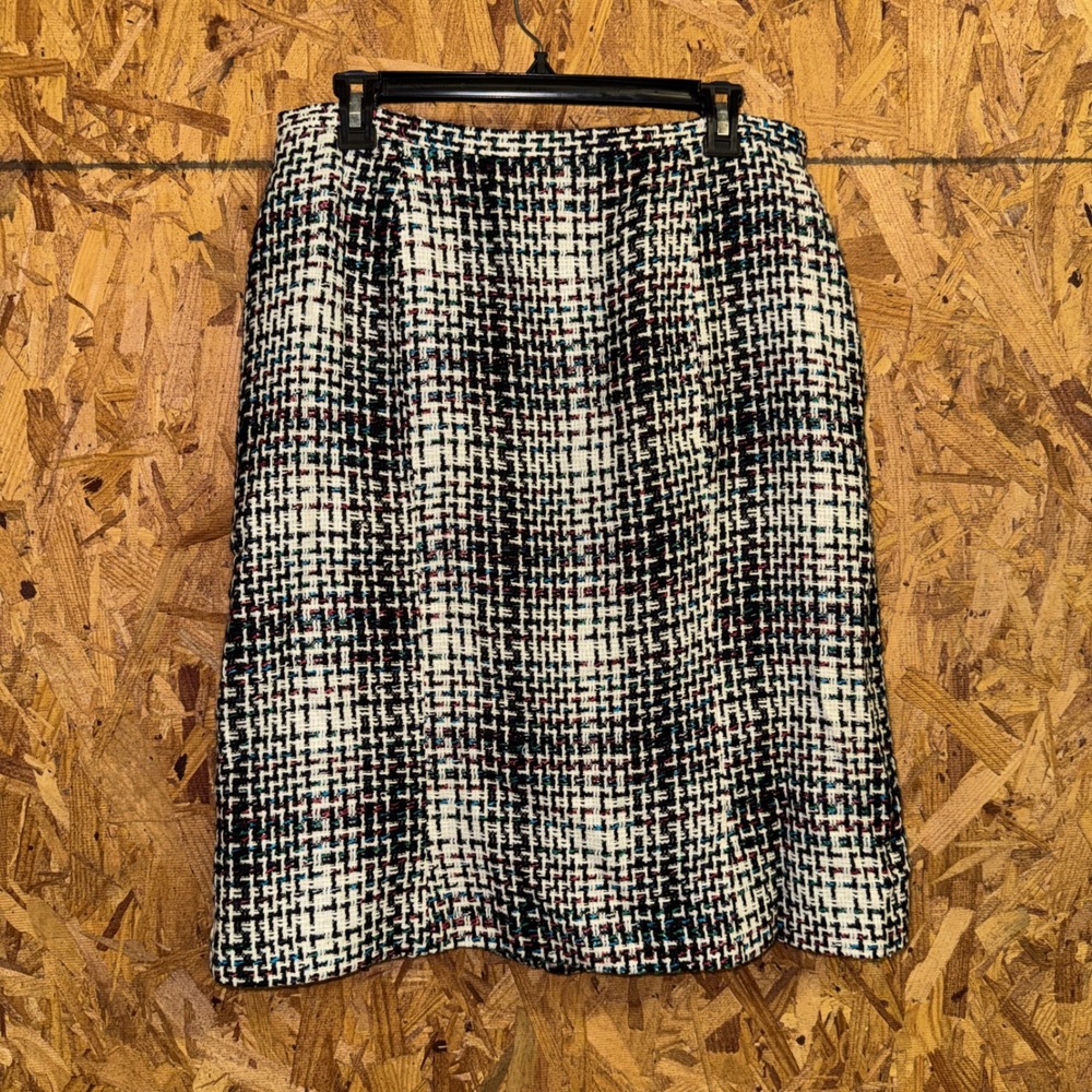 Napa Valley Plaid Tweed Knit Knee Length Pencil Skirt Colorful Accents 16 Plus